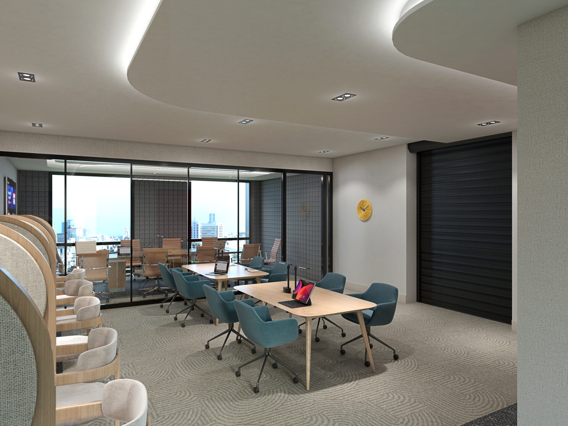 Resident lounge at 34-08 42nd St, Long Island City - soft seating under diffused lighting.