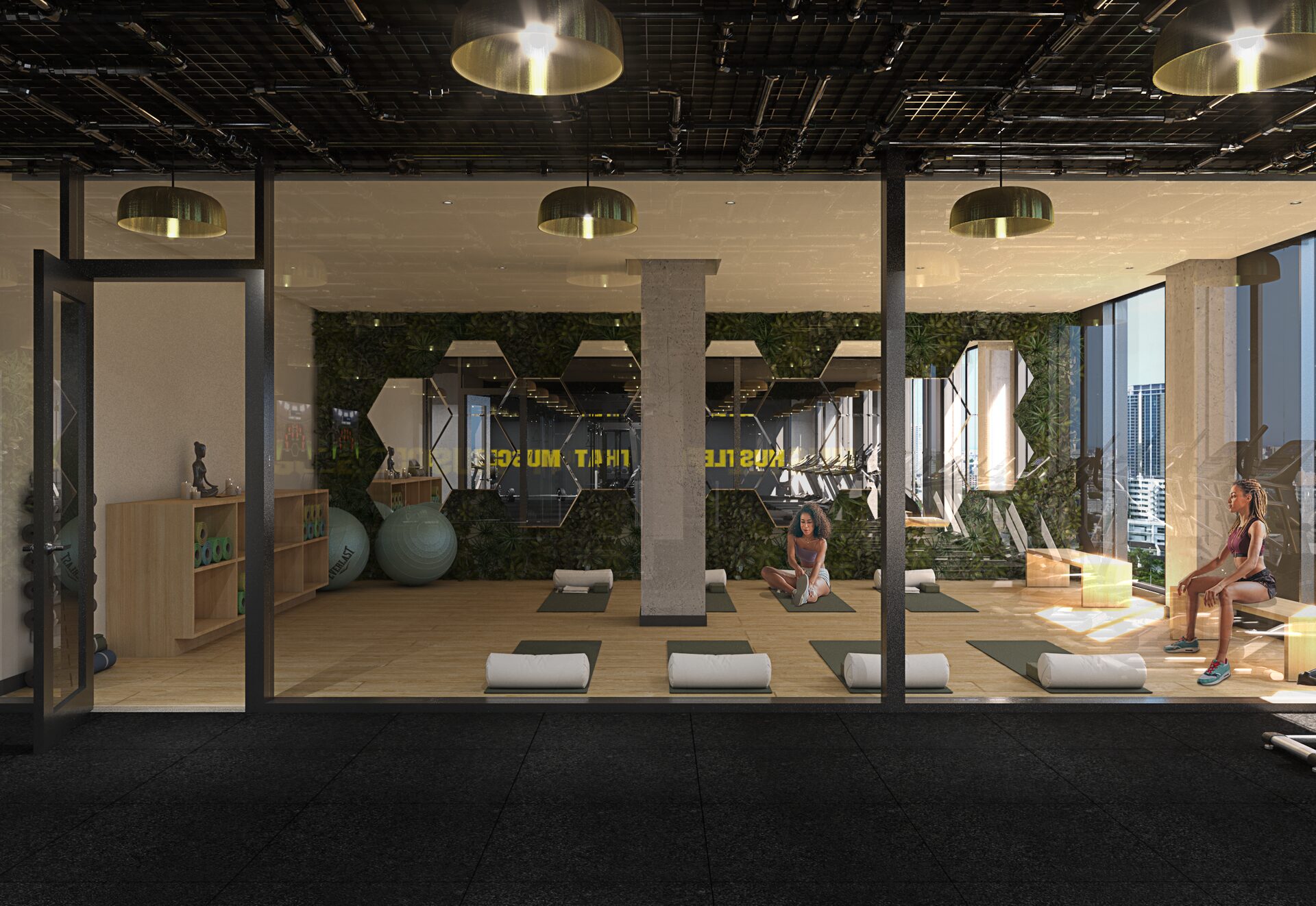 Wellness room at 147-35 95th Avenue, Jamaica - timber-lined walls and diffused daylight.