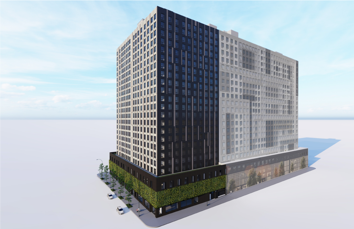 94-15 Sutphin Blvd, Jamaica, Queens - patterned residential tower with landscaped base.
