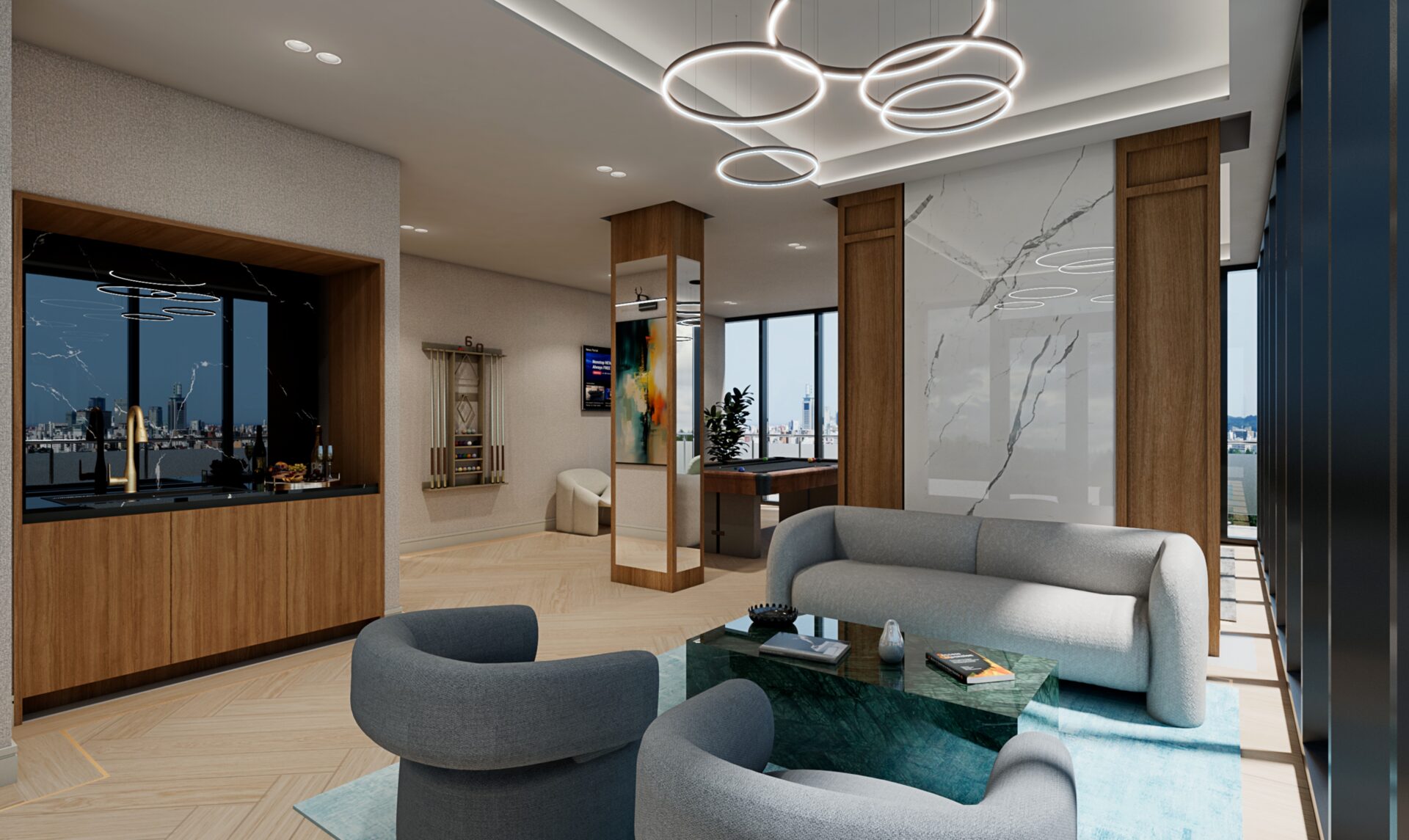 Resident lounge at 260 W 126th St, Harlem - quiet seating with warm timber accents.