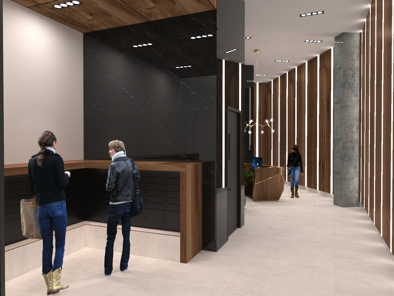Lobby at 1640 Flatbush Ave, Brooklyn - dark stone walls with vertical wood slat accents.