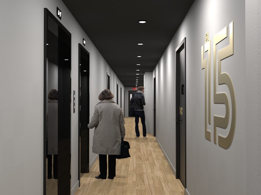 Corridor at 212 W 124th St, Harlem - muted tone-on-tone finishes with recessed linear lighting.