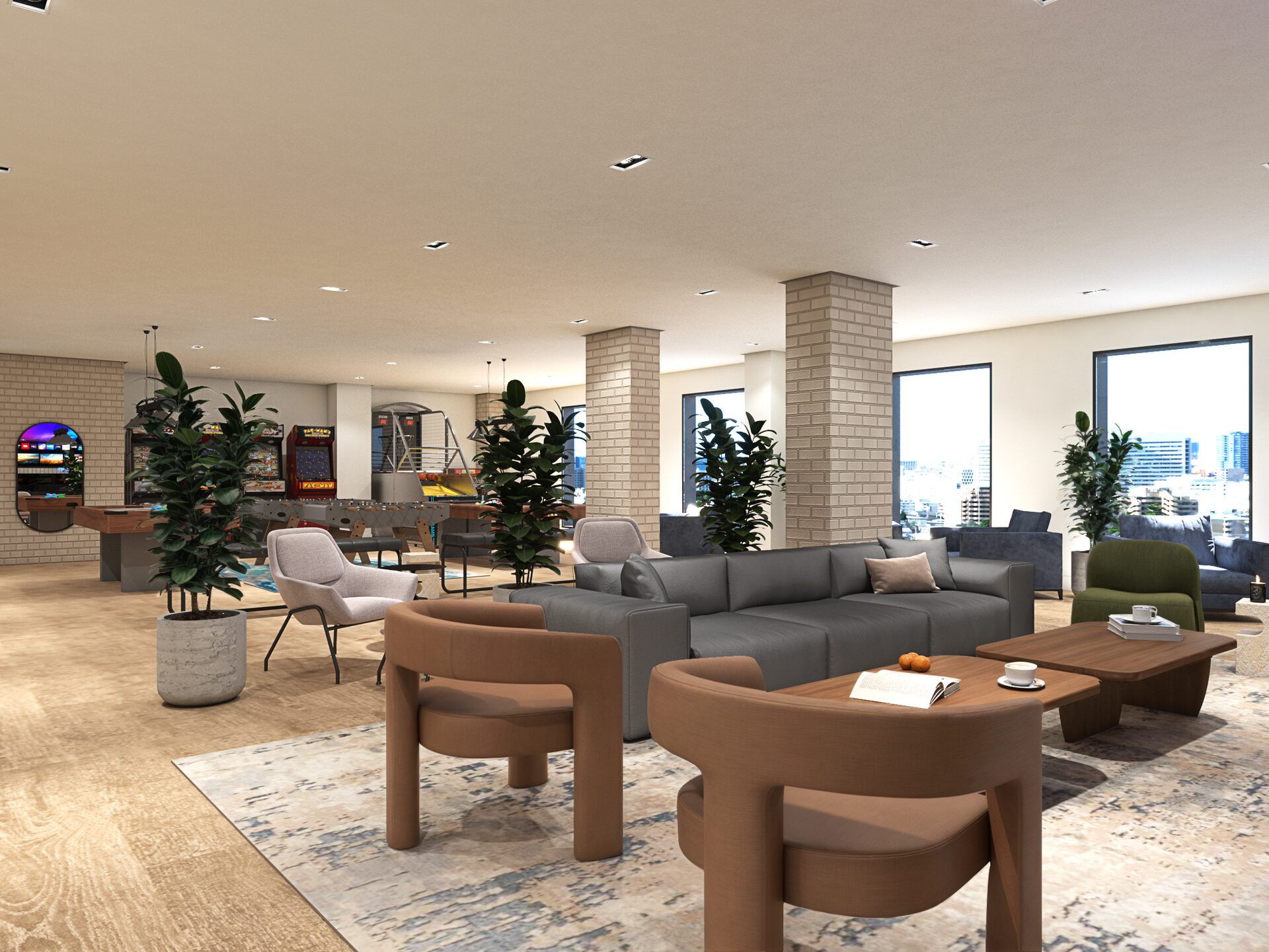 Resident lounge at 94-15 Sutphin Blvd, Jamaica — layered seating and warm timber under sculpted lighting.