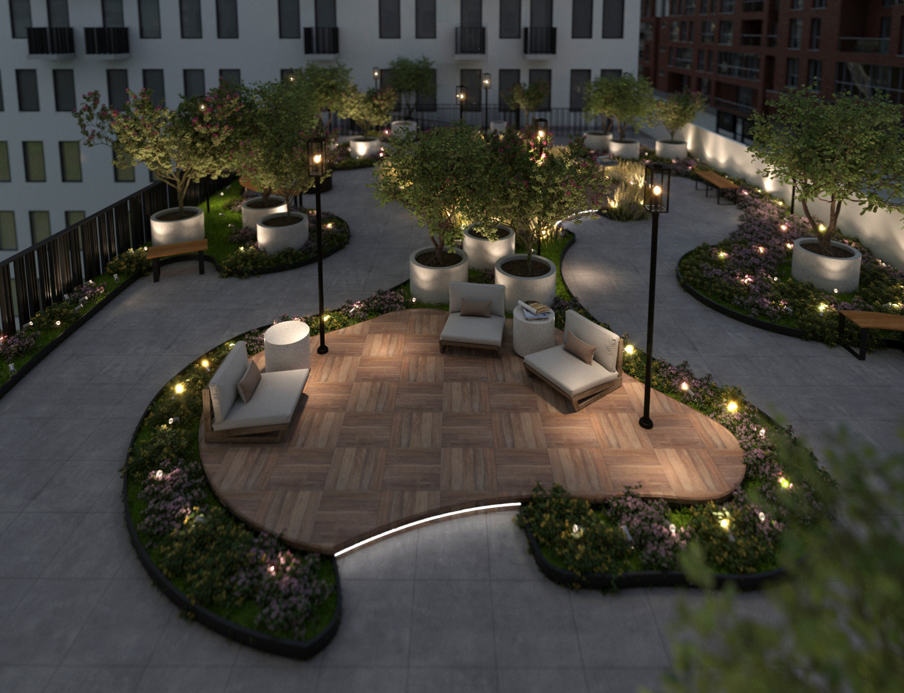 Landscaped courtyard at 26-24 4th St, Astoria, Queens at dusk - planted beds and shared seating under evening light.
