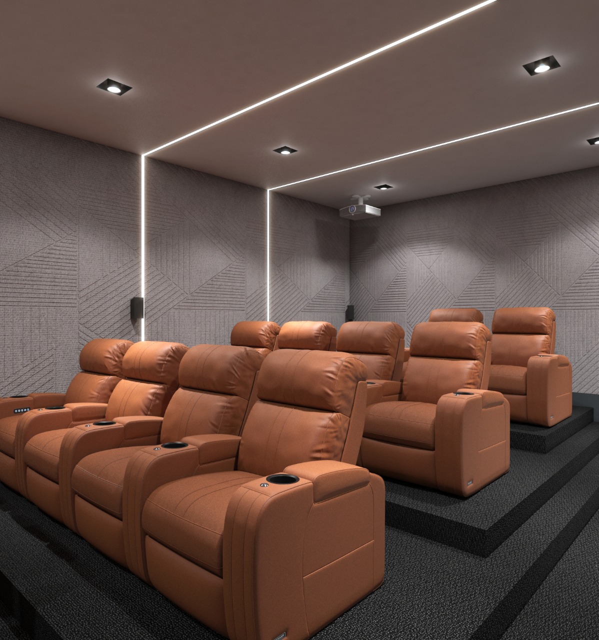 Screening room at 1640 Flatbush Ave, Brooklyn - deep upholstered seating and acoustic paneling.