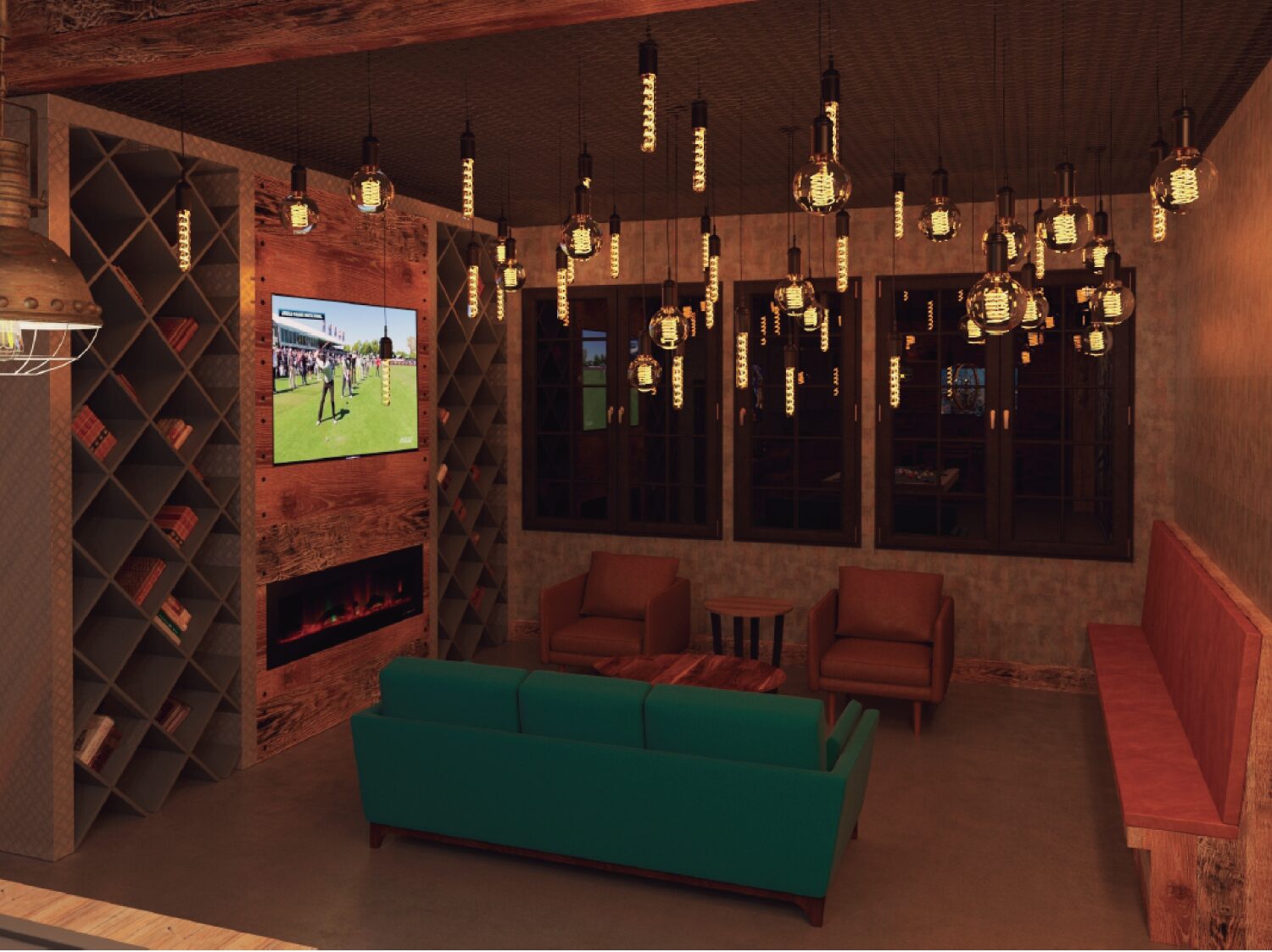 Speakeasy lounge at 150 Bayard Street, Greenpoint - exposed brick walls, warm timber, and layered lighting.