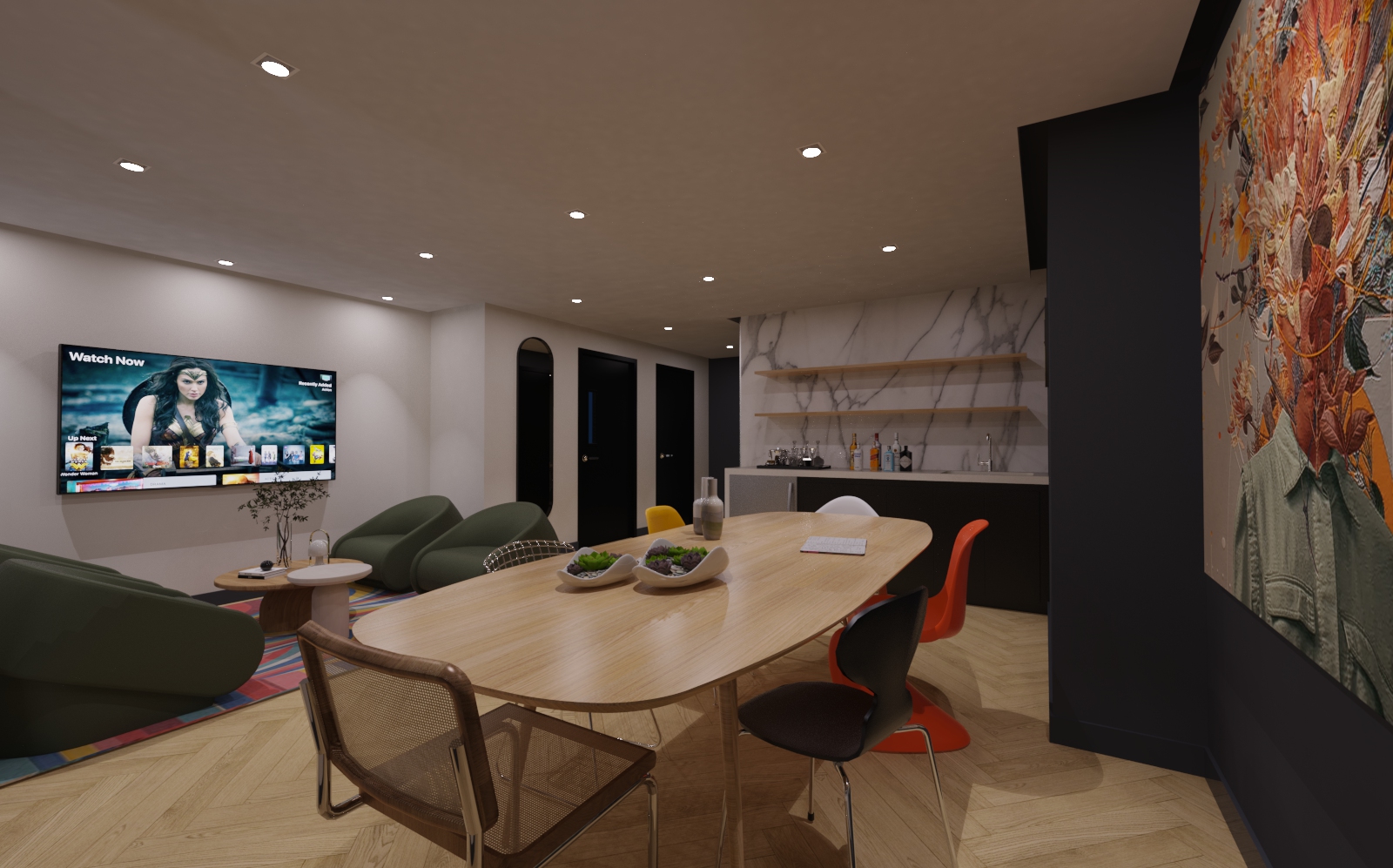 Private screening room at 212 W 124th St, Harlem - deep upholstered seating and acoustic wall paneling.