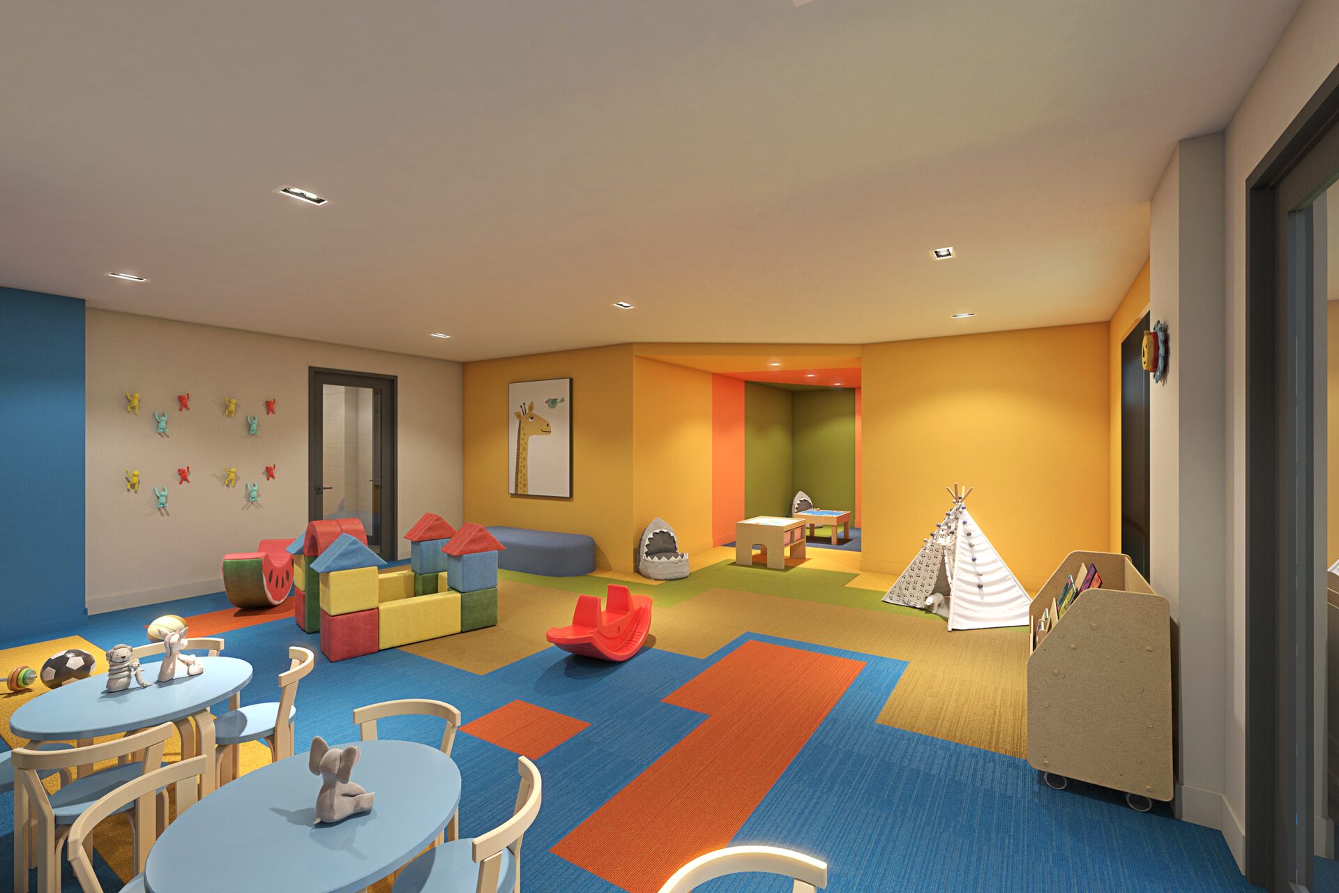 Resident recreation room at 42-08 35th Avenue, Long Island City — lounge seating, warm wood, and layered lighting.