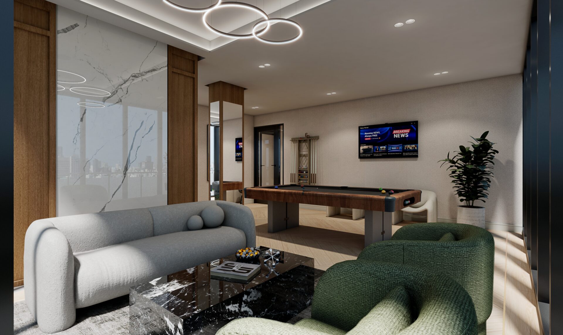Lobby at 260 W 126th St, Harlem, Manhattan — marble floors, floral chandelier, vertical wood slat feature wall.
