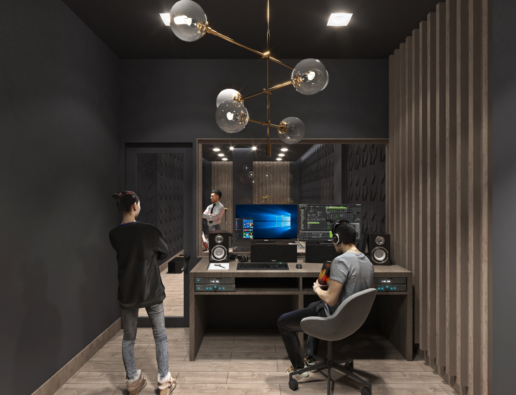Recording studio at 26-25 4th St, Astoria - acoustic paneling and control desk.