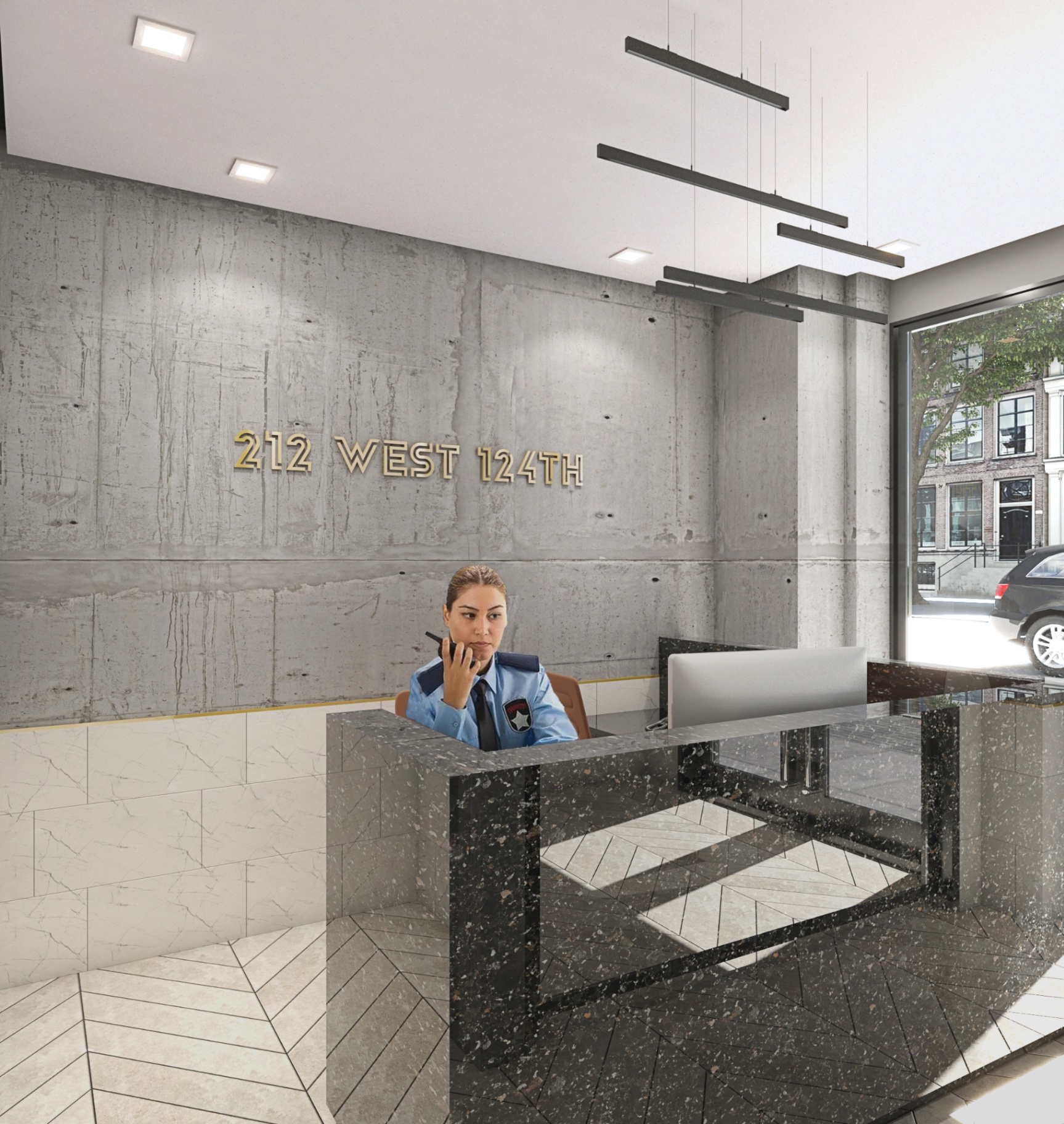 Reception at 212 W 124th St, Harlem, Manhattan - board-formed concrete walls, brass 212 WEST 124TH signage, honed marble desk, herringbone stone floor.