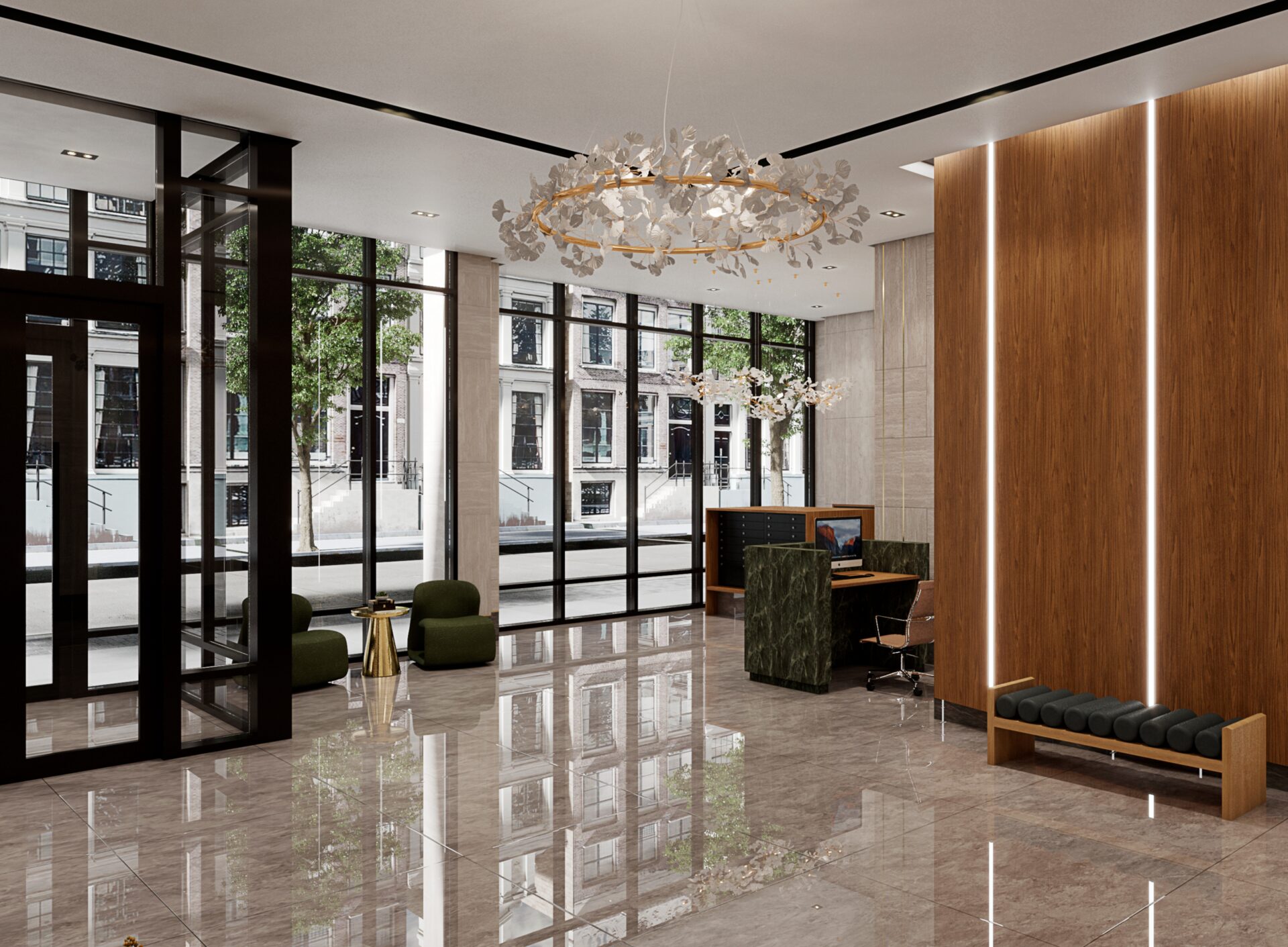 Lobby rendering at 260 W 126th St, Harlem, Manhattan, with marble floors and a vertical wood slat feature wall.