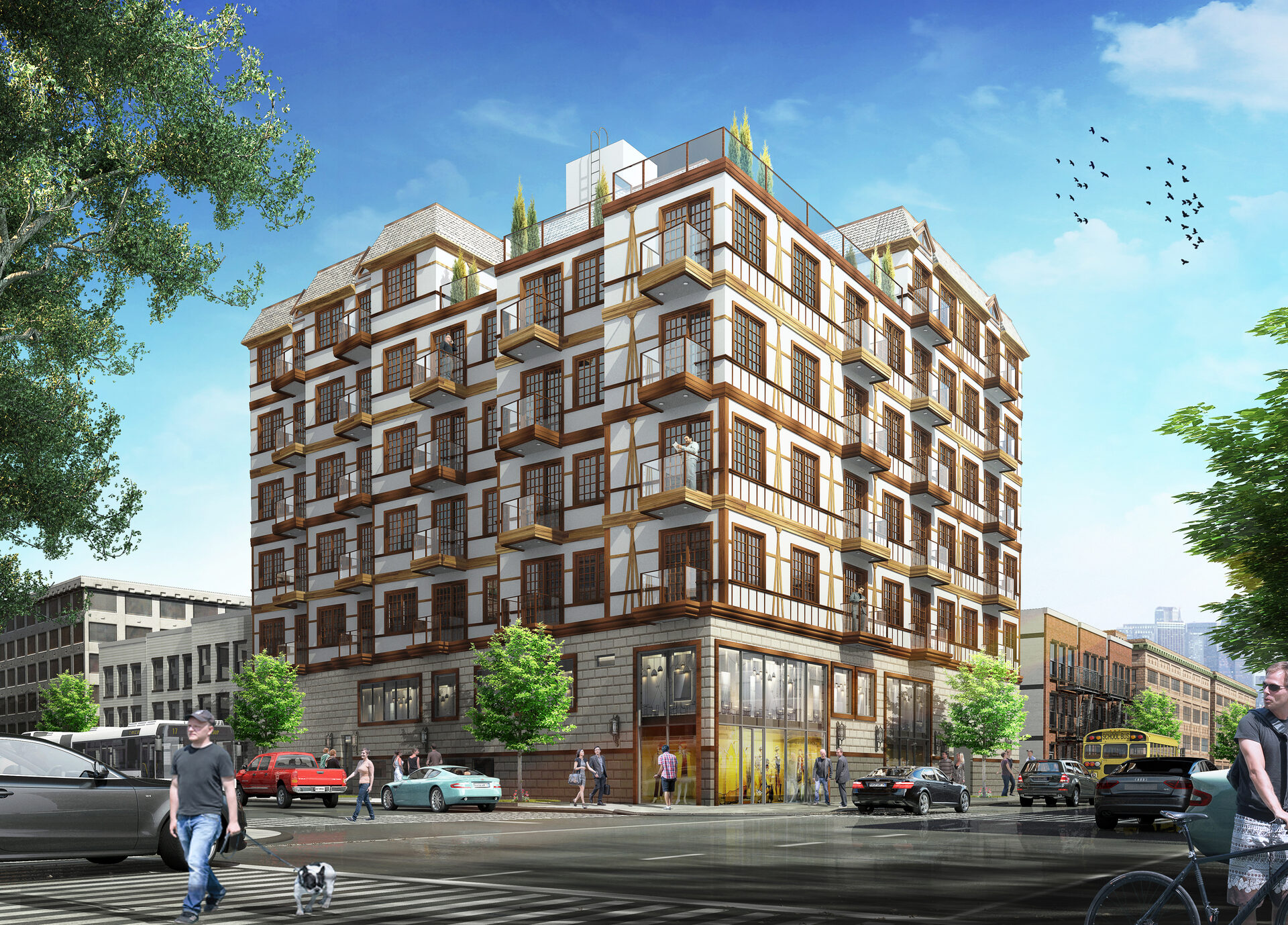 150 Bayard Street, Greenpoint, Brooklyn - brick residential building with white and wood trim.