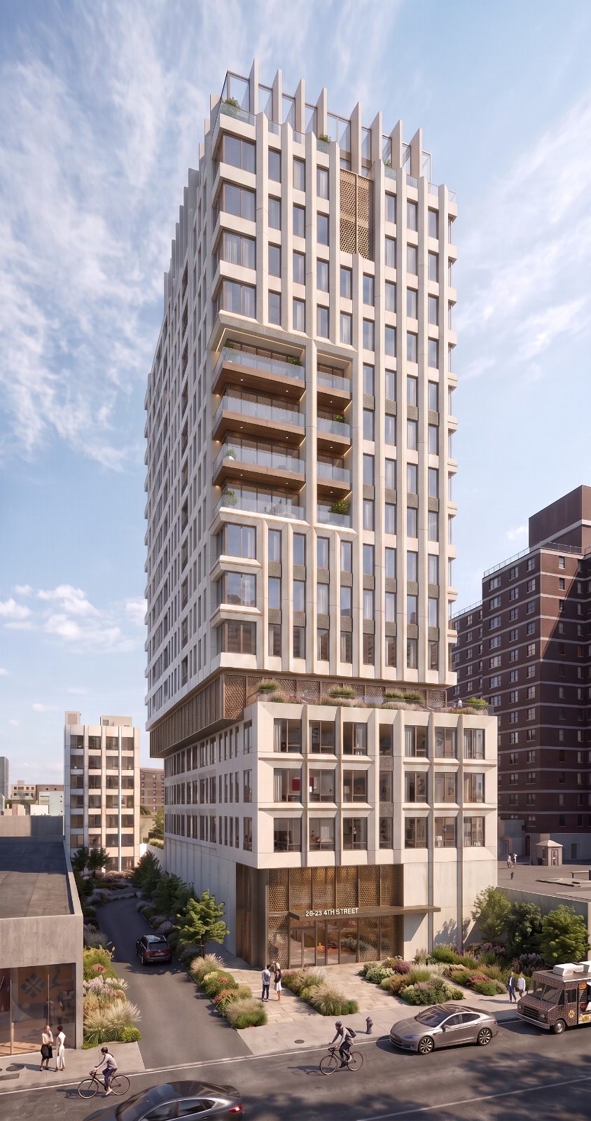 26-24 4th St, Astoria, Queens, a white residential tower with rhythmic balconies and a gold-screened entrance.