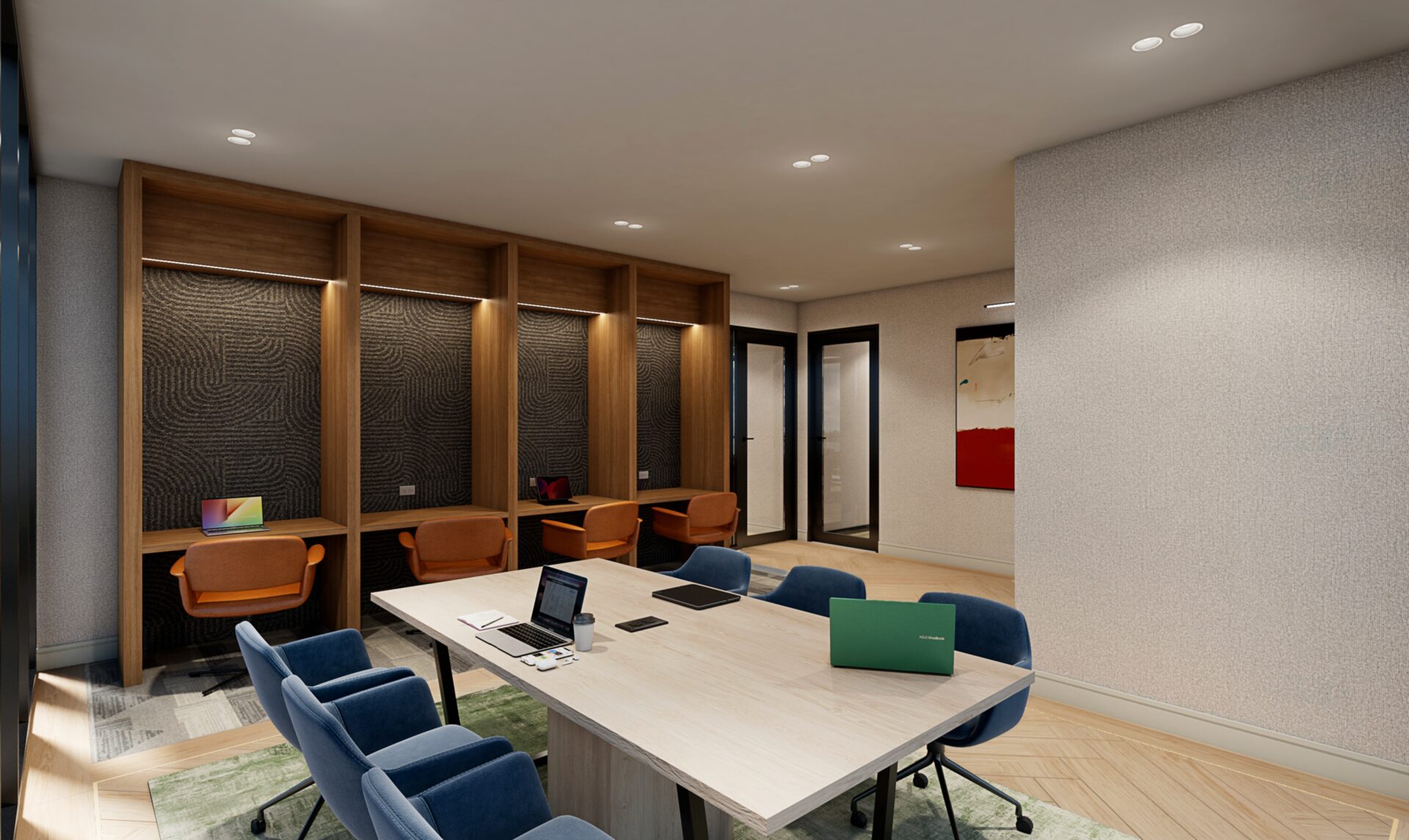 Reception detail at 260 W 126th St, Harlem - vertical wood slat feature wall.
