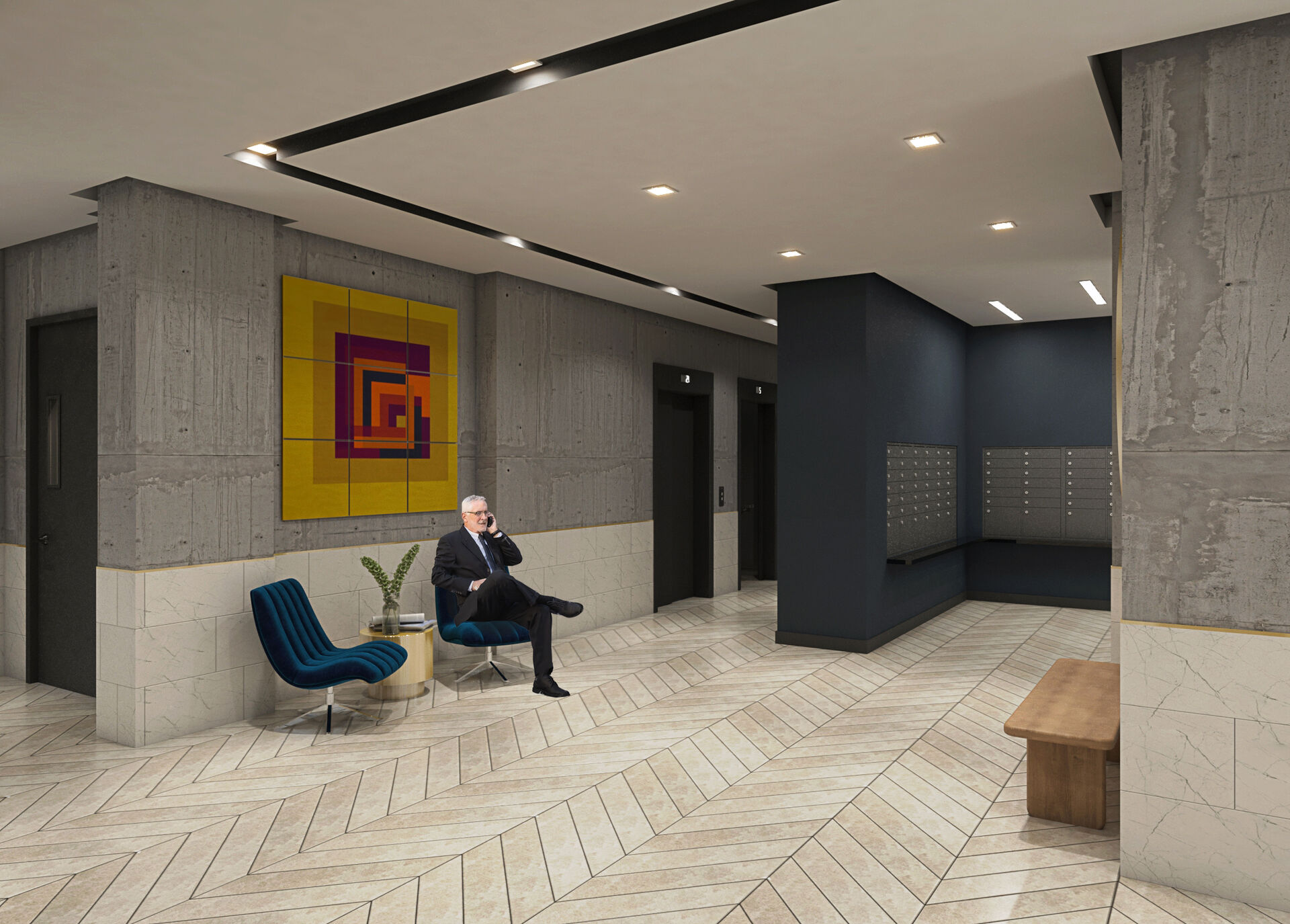 Resident mailroom at 212 W 124th St, Harlem - warm wood millwork and integrated lighting.